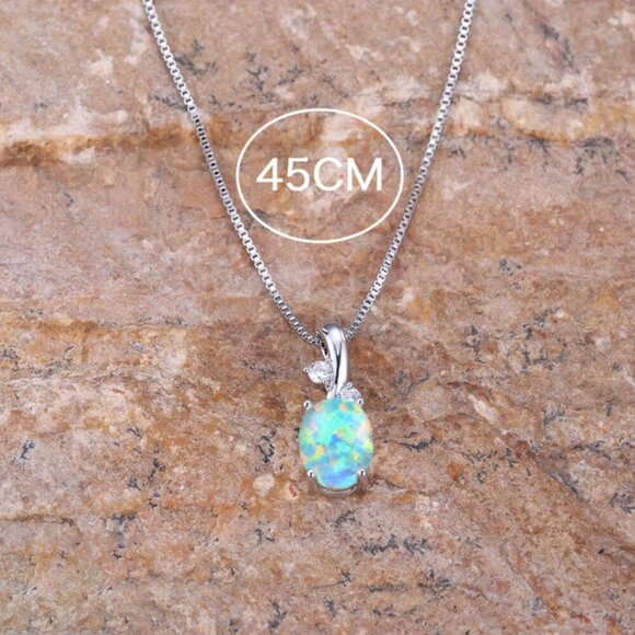 NEW 14k White Gold Blue Fire Opal Necklace Opal Pendant Necklace - Picture 2 of 6